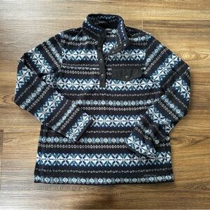 Womens Medium Eddie Bauer Navy Fair Isle Fleece Pullover‎ Snap Buttons Pockets